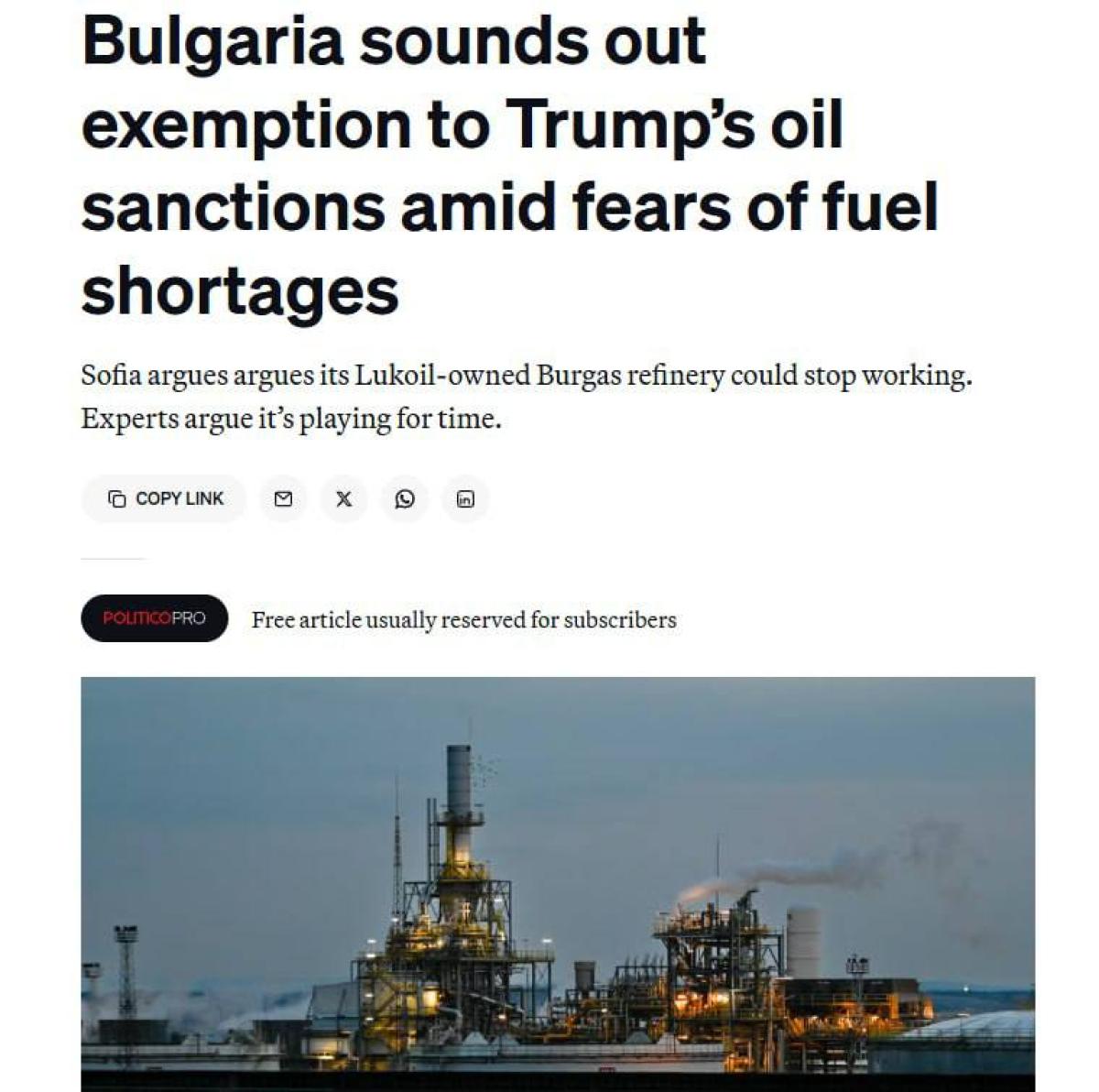 Politico: Bulgária mentességet kér a Lukoil elleni szankciók alól