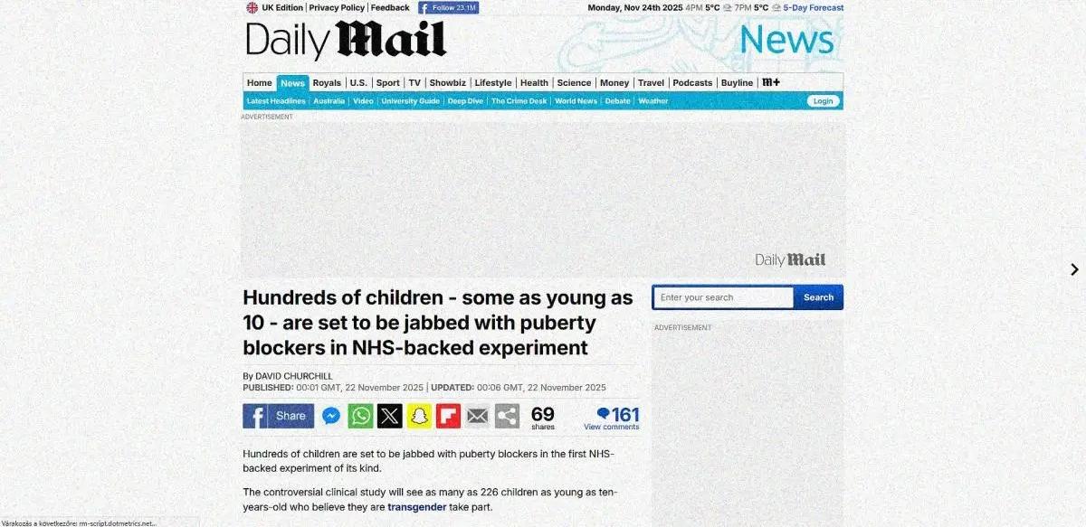 Emberkísérlet: a brit közegészségügy (NHS) több száz gyerekbe injekcióz betiltott hormonblokkolókat, kísérletképpen