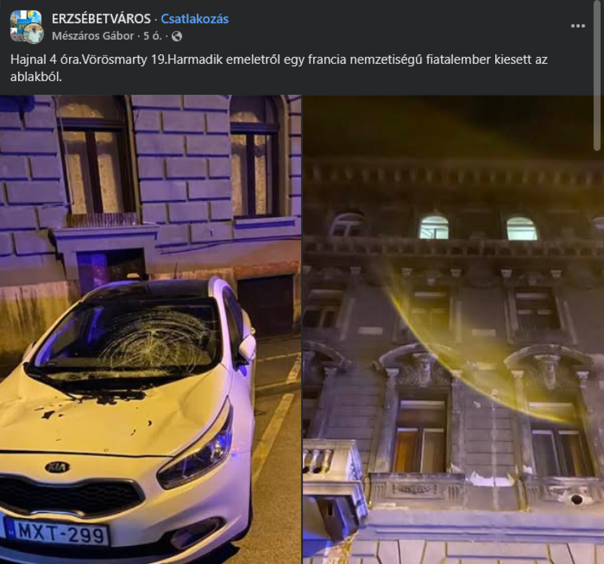 Harmadik emeletről zuhant autóra egy francia férfi Erzsébetvárosban