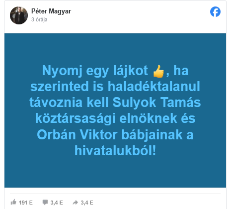 Lájkokkal üzent Magyar Péter: Haladéktalanul távozzon Sulyok Tamás!