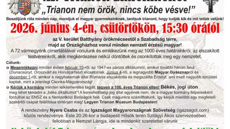 Trianon emlékmenetet tartanak Budapesten június 4-én