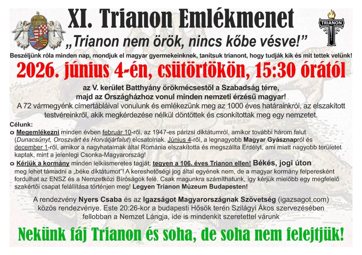 Trianon emlékmenetet tartanak Budapesten június 4-én